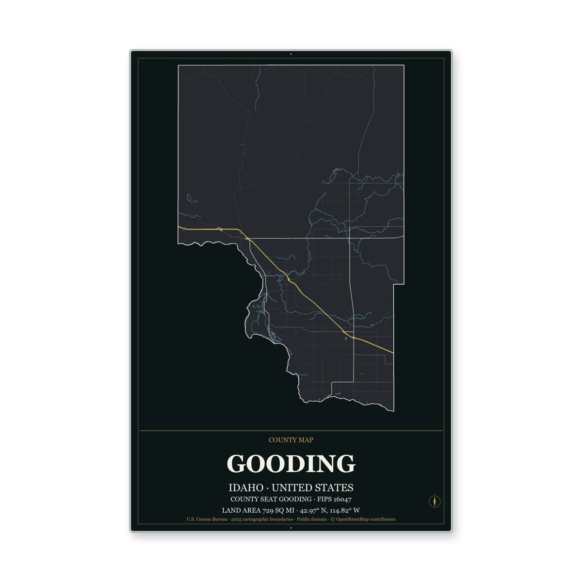 Gooding County, Idaho Map Aluminum Sign in Metropolitan Noir style