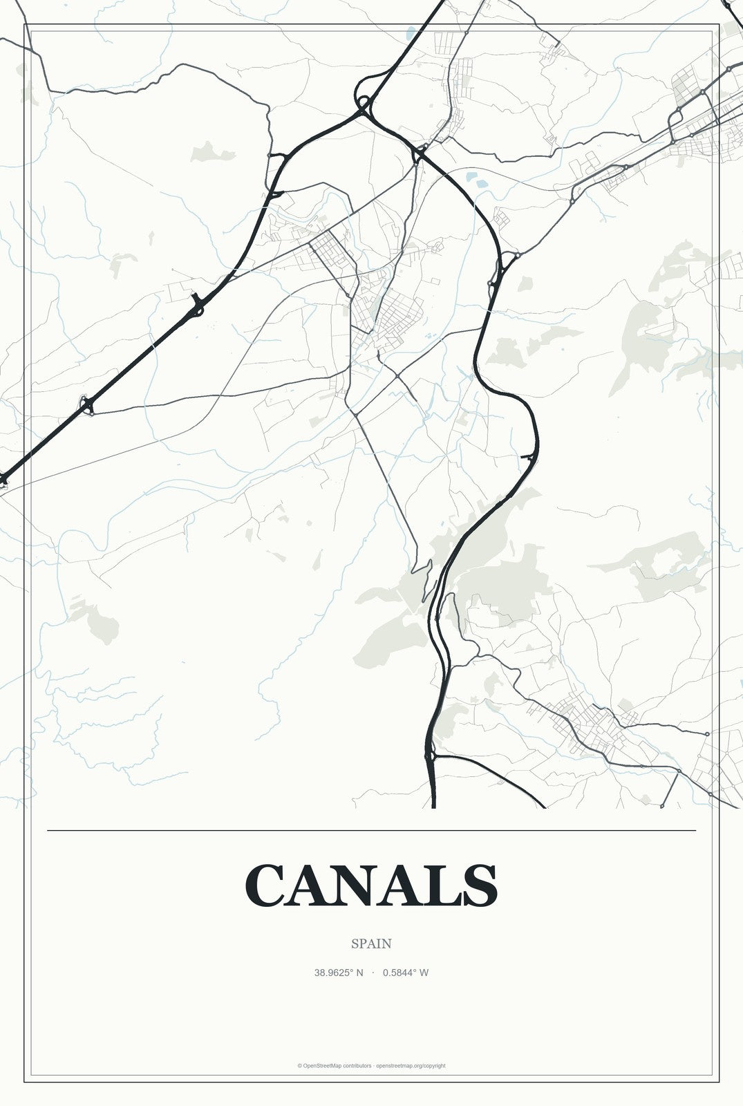 Canals, Spain City Map Aluminum Sign in Gallery Air style