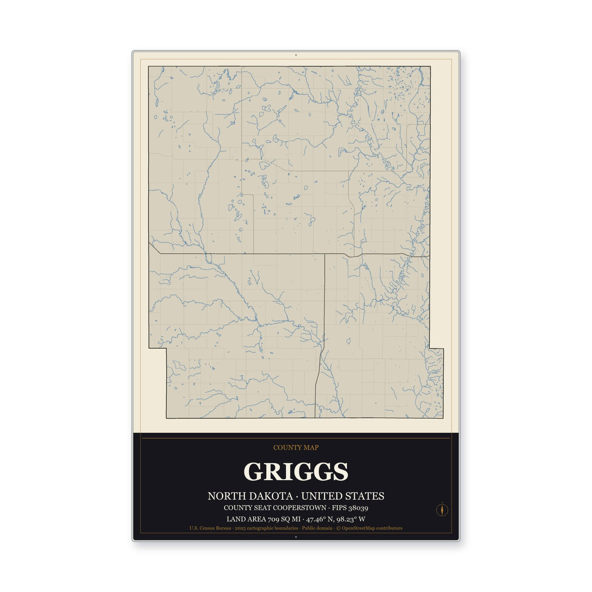 Griggs County, North Dakota Map Aluminum Sign in Museum Plaque style
