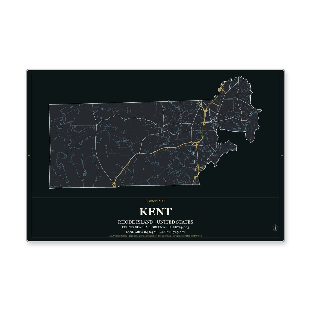Kent County, Rhode Island Map Aluminum Sign in Metropolitan Noir style