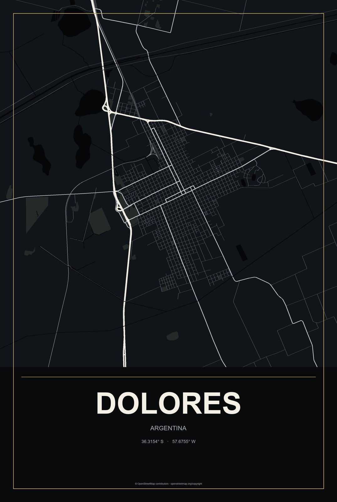 Dolores, Argentina City Map Aluminum Sign in Metropolitan Noir style