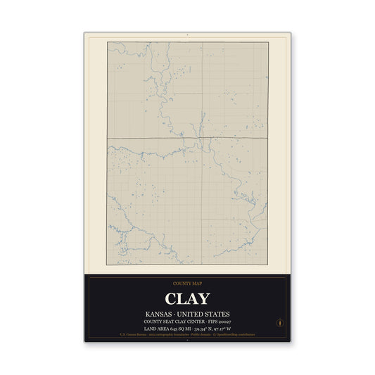 Clay County, Kansas Map Aluminum Sign in Museum Plaque style