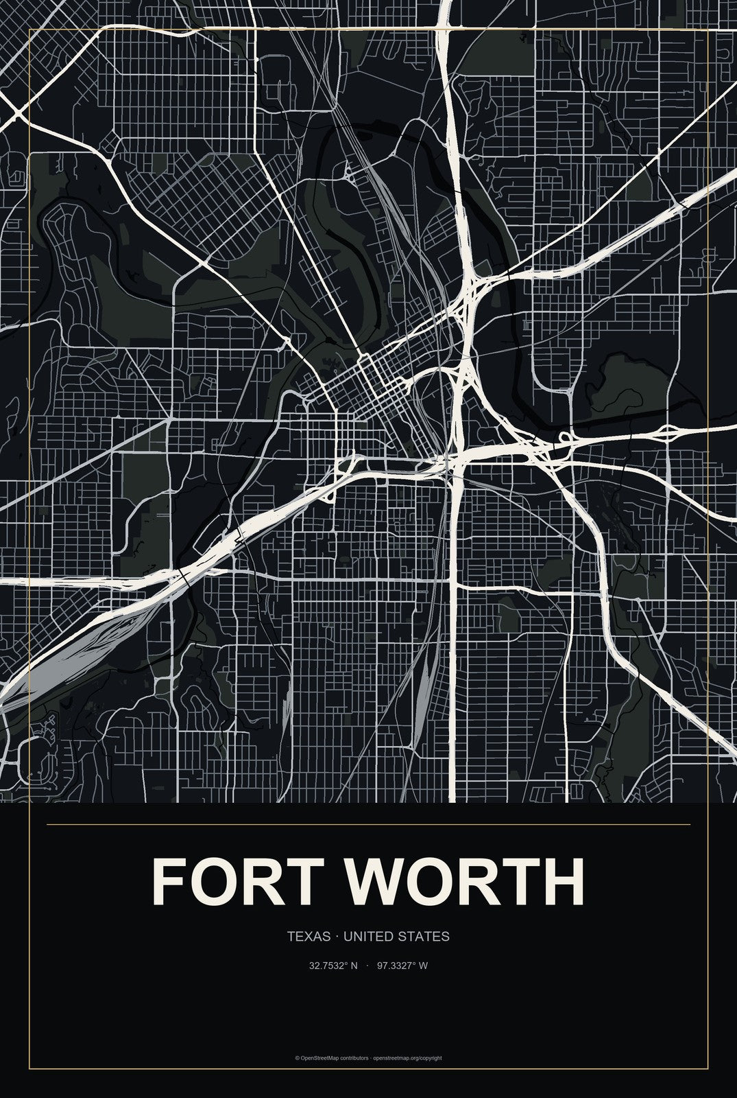 Fort Worth, Texas City Map Aluminum Sign in Metropolitan Noir style