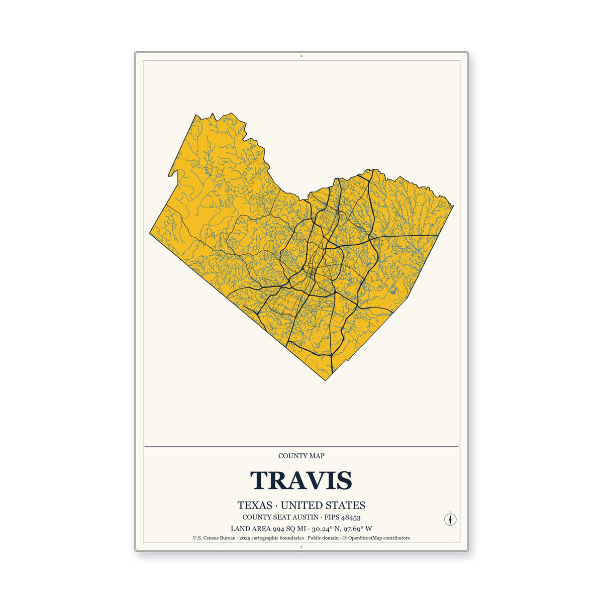Travis County, Texas Map Aluminum Sign in Citrine Modern style