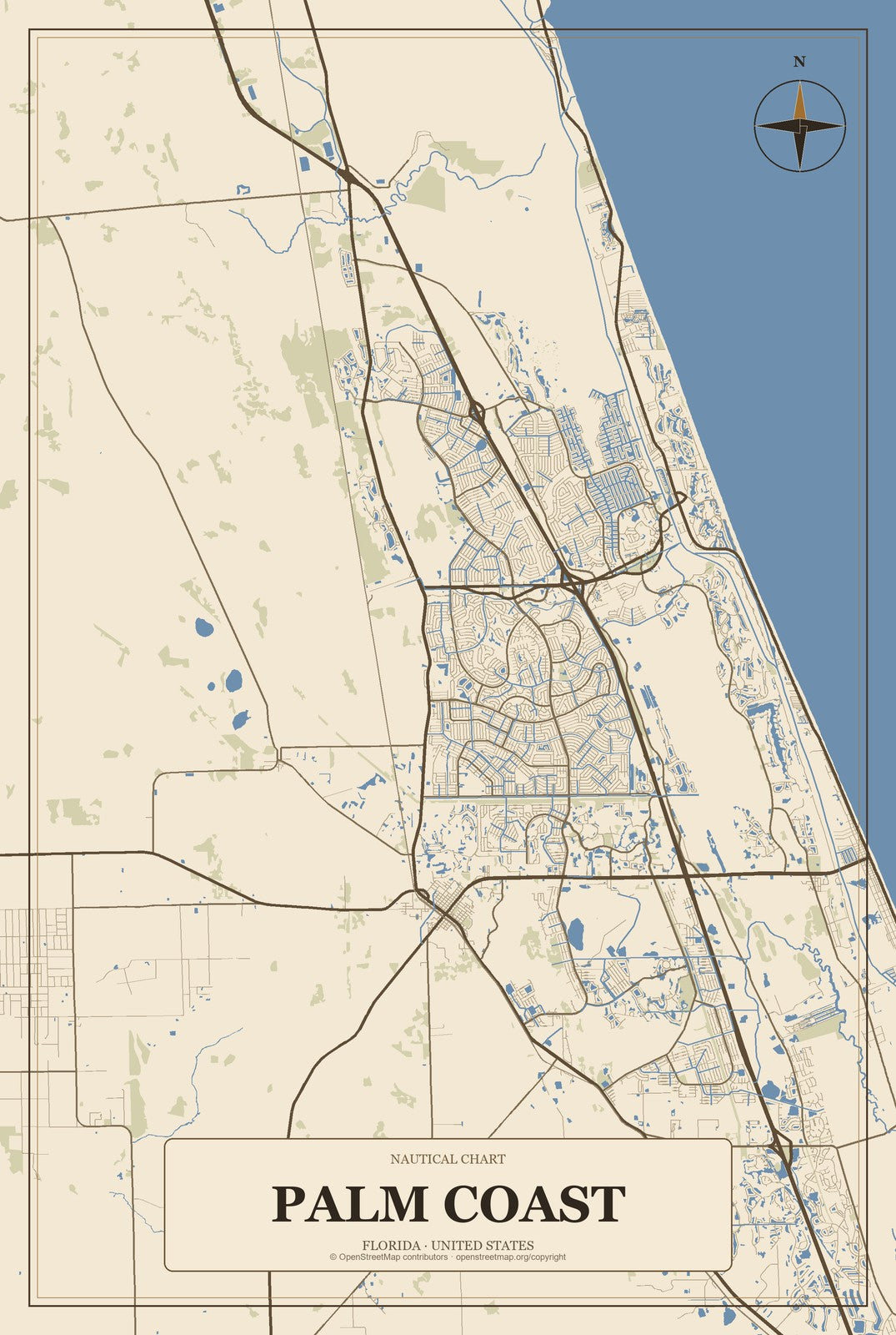Palm Coast, Florida City Map Aluminum Sign in Heritage Nautical style