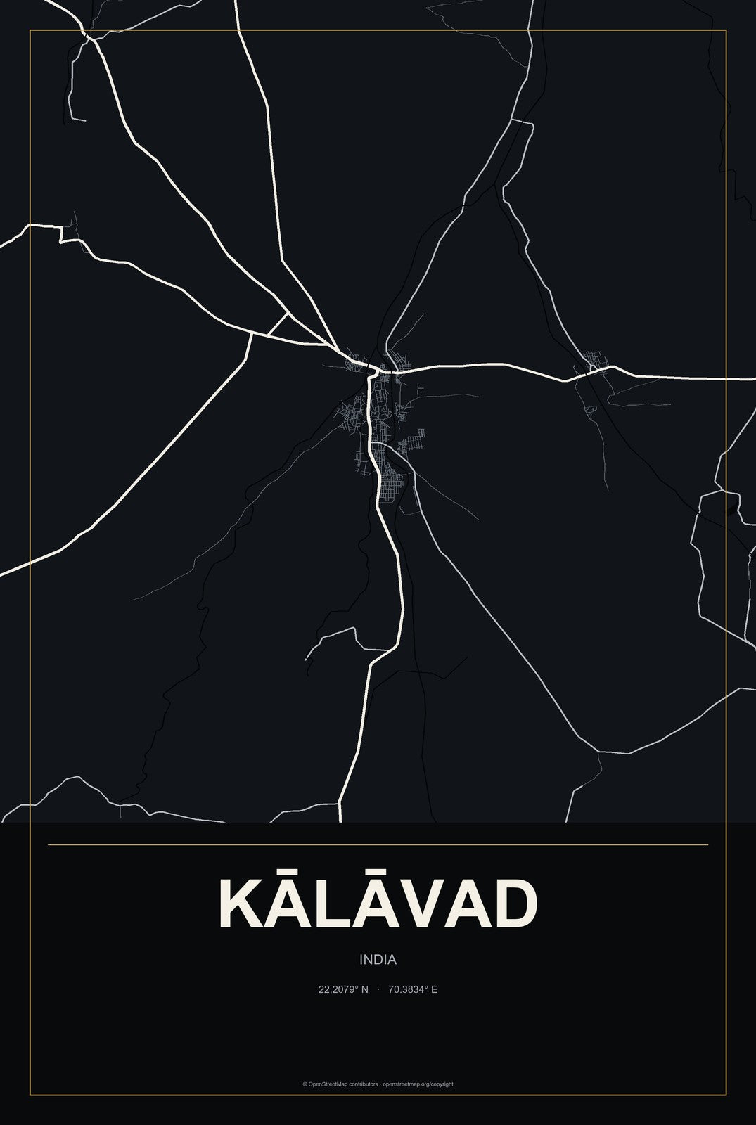 Kālāvad, India City Map Aluminum Sign in Metropolitan Noir style
