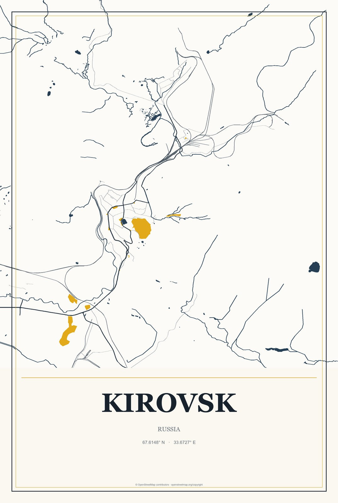 Kirovsk, Leningradskaya Oblast', Russia City Map Aluminum Sign in Citrine Modern style