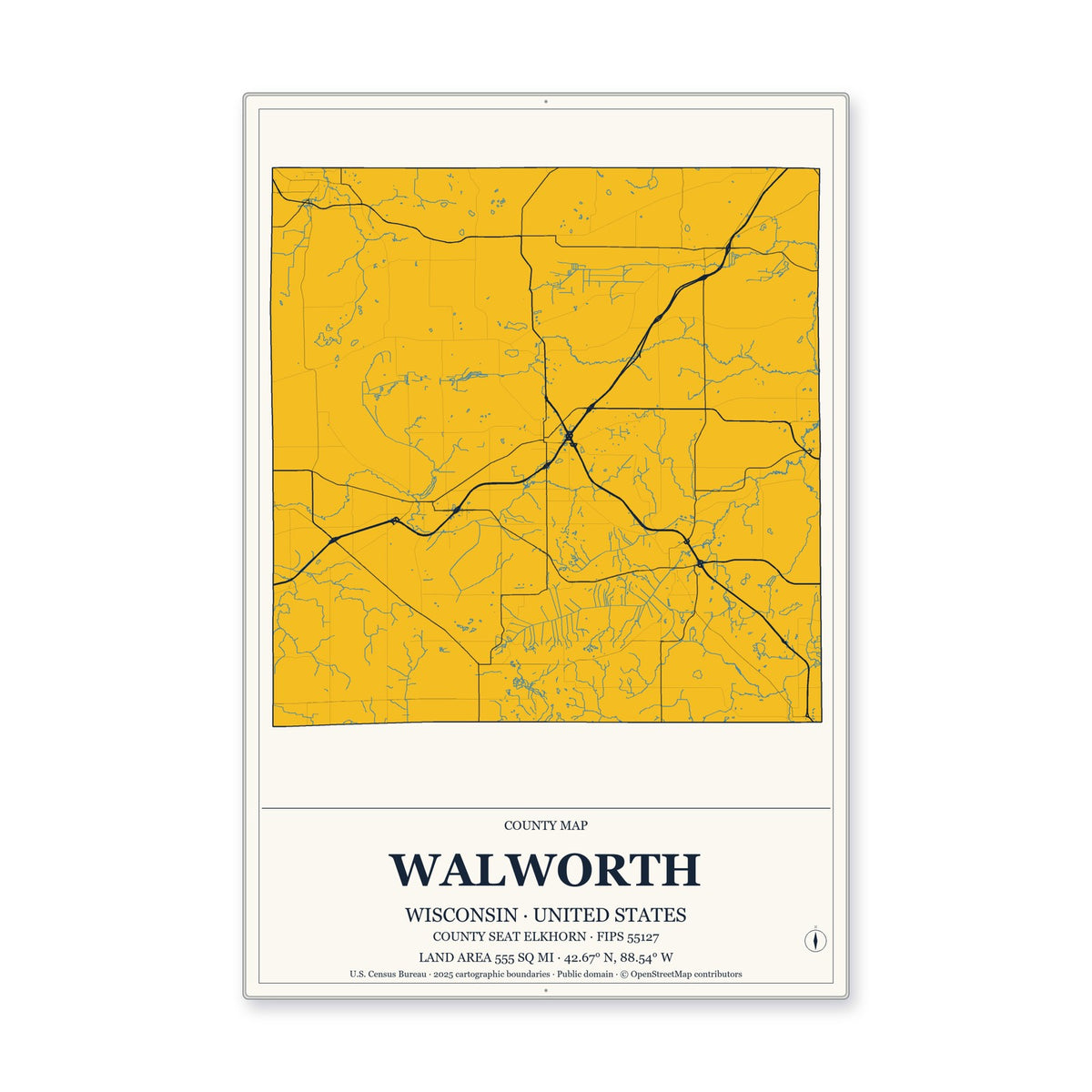 Walworth County, Wisconsin Map Aluminum Sign in Citrine Modern style