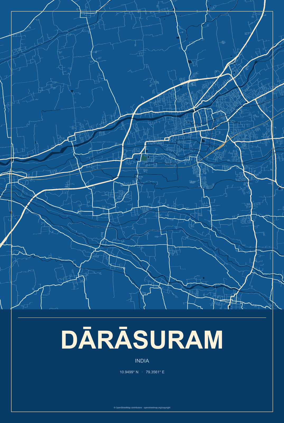 Dārāsuram, India City Map Aluminum Sign in Harbor Cobalt style