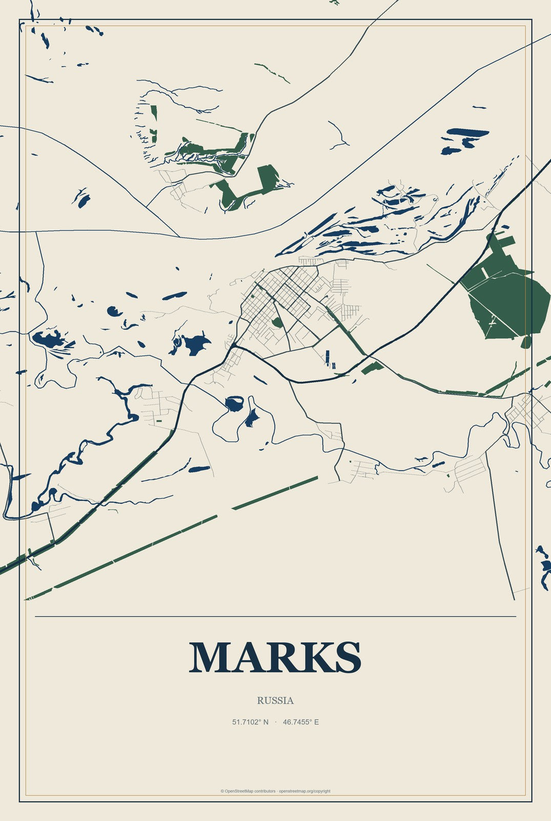 Marks, Russia City Map Aluminum Sign in Coastal Cutout style