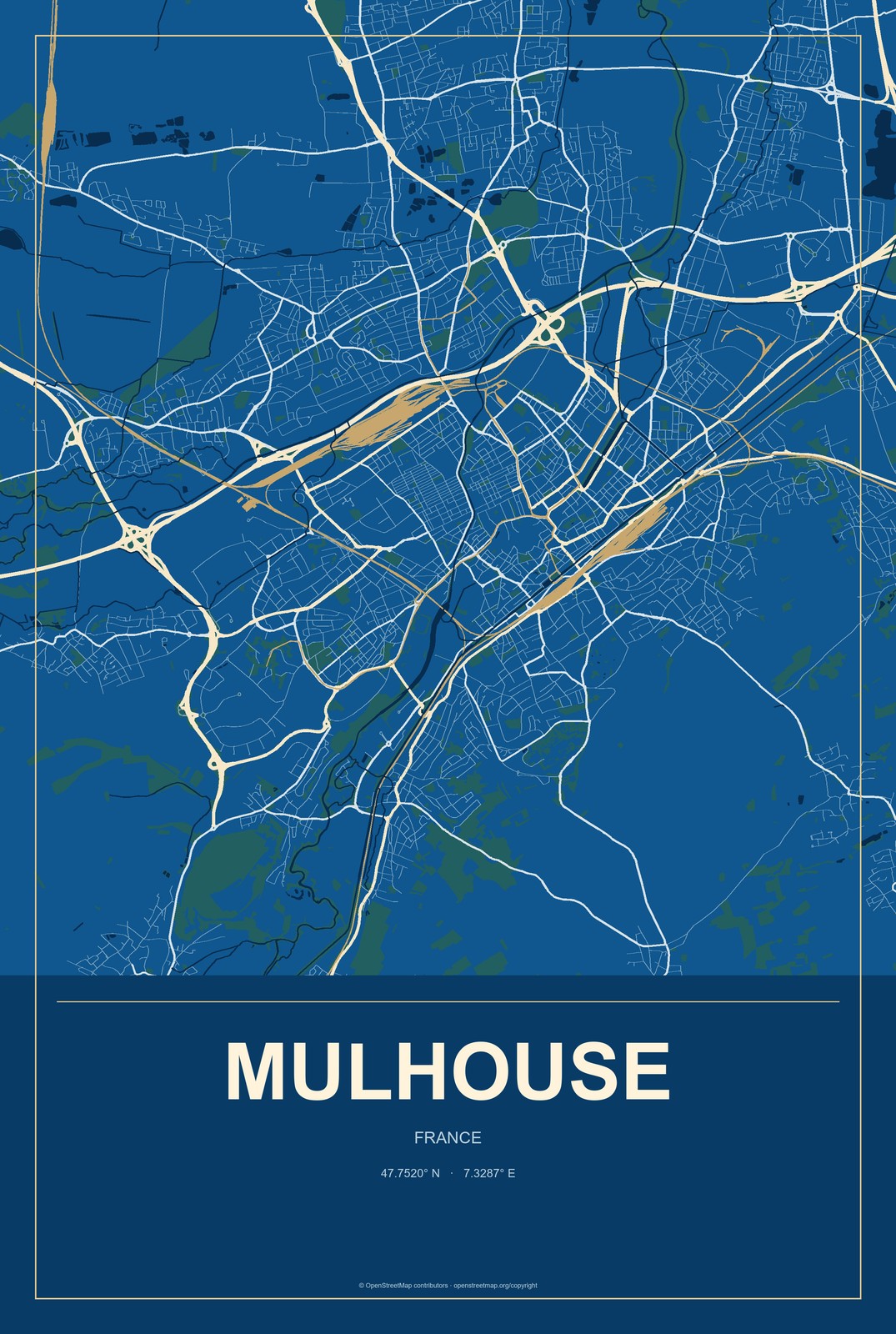 Mulhouse, France City Map Aluminum Sign in Harbor Cobalt style