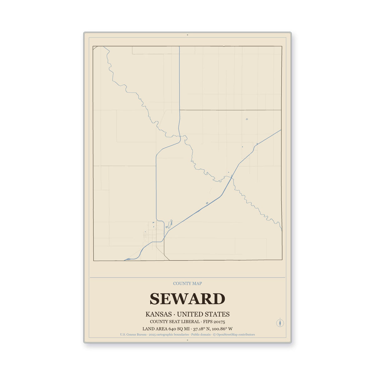 Seward County, Kansas Map Aluminum Sign in Heritage Nautical style