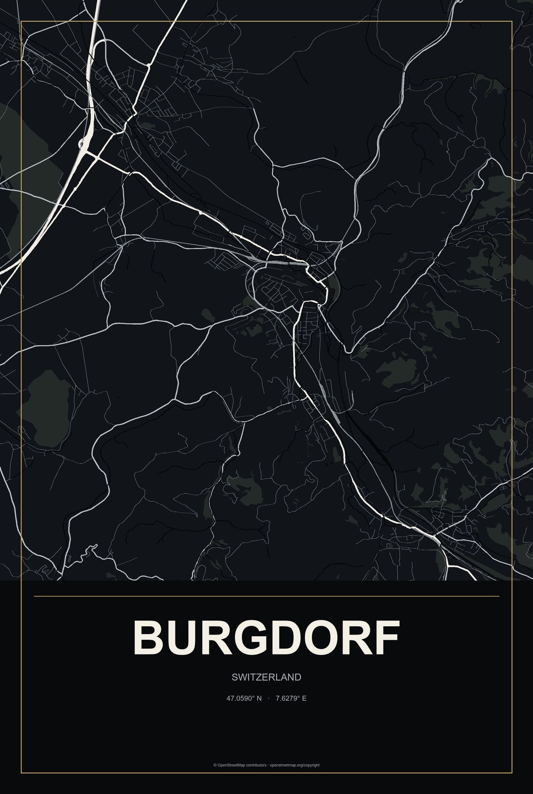 Burgdorf, Switzerland City Map Aluminum Sign in Metropolitan Noir style