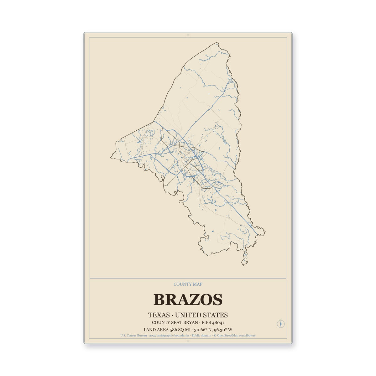 Brazos County, Texas Map Aluminum Sign in Heritage Nautical style