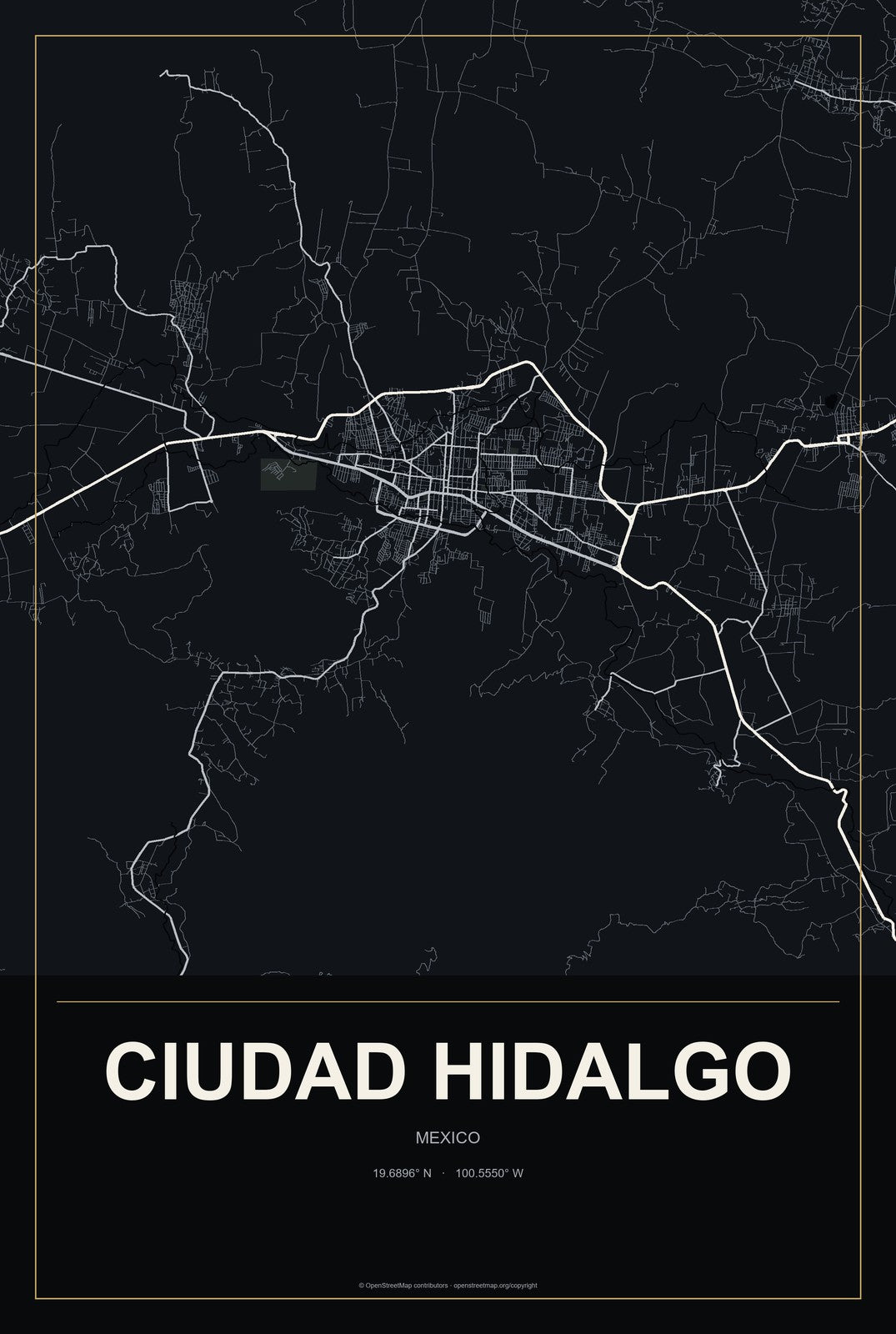 Ciudad Hidalgo, Chiapas, Mexico City Map Aluminum Sign in Metropolitan Noir style