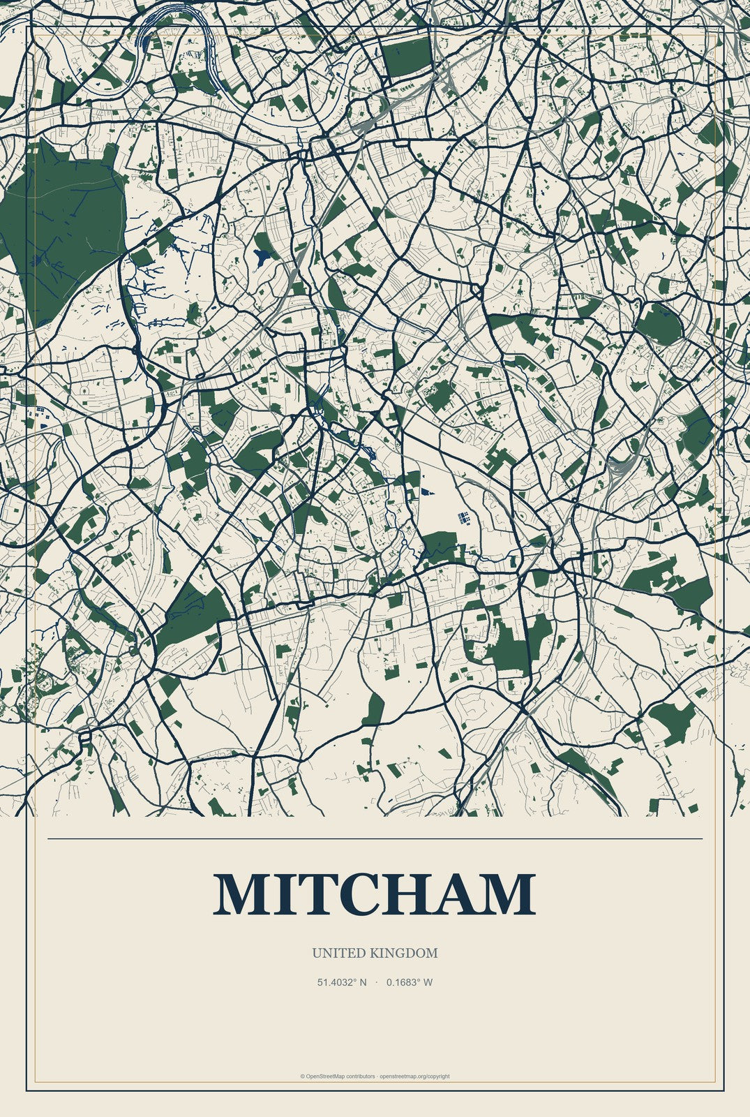 Mitcham, United Kingdom City Map Aluminum Sign in Coastal Cutout style