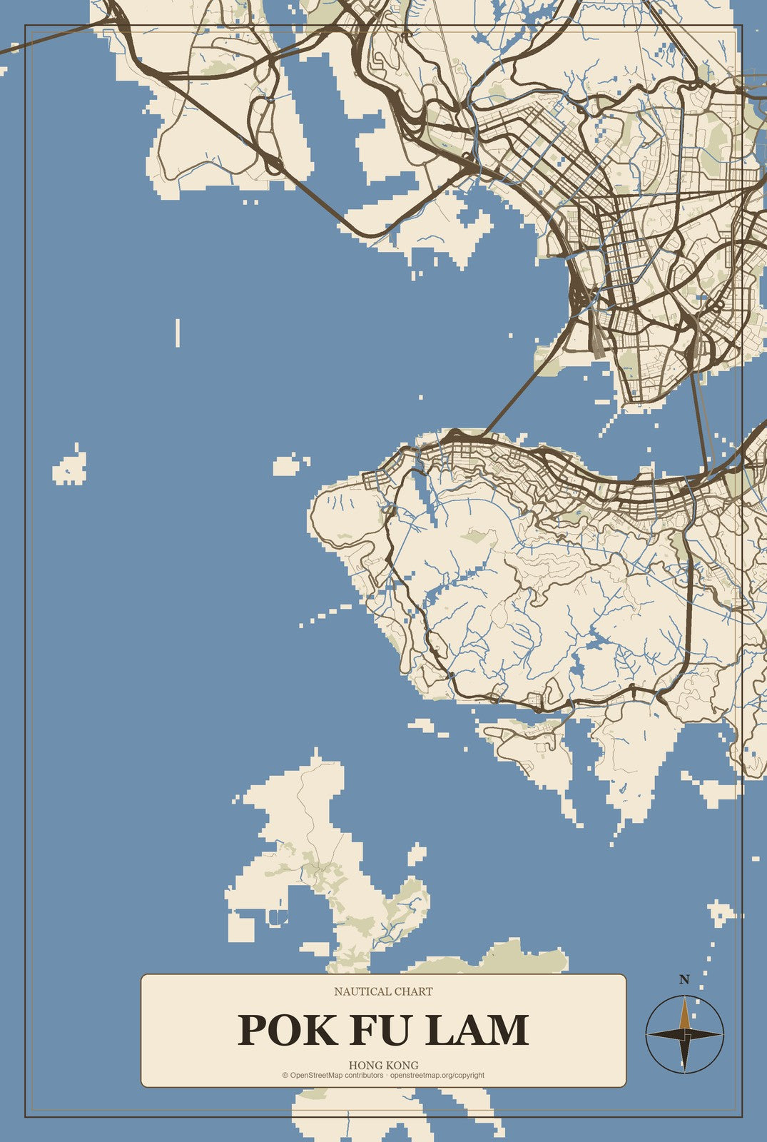 Pok Fu Lam, Hong Kong City Map Aluminum Sign in Heritage Nautical style