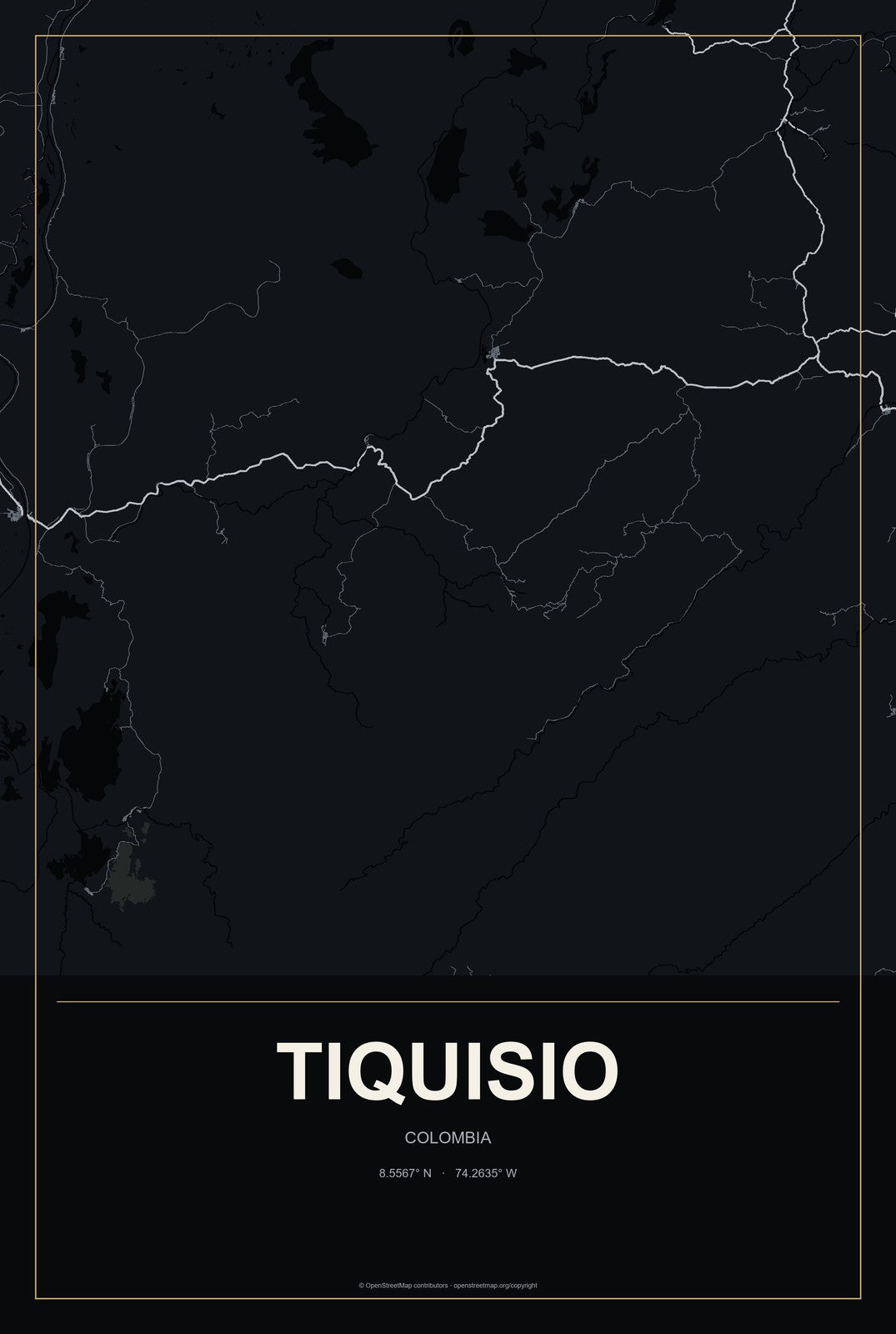 Tiquisio, Colombia City Map Aluminum Sign in Metropolitan Noir style