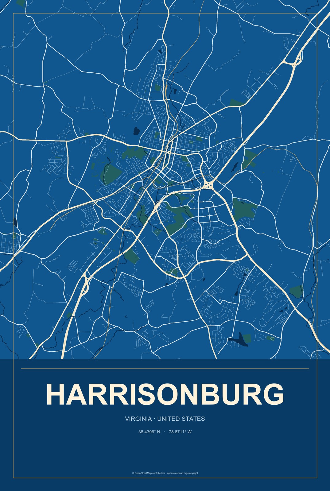 Harrisonburg, Virginia City Map Aluminum Sign in Harbor Cobalt style