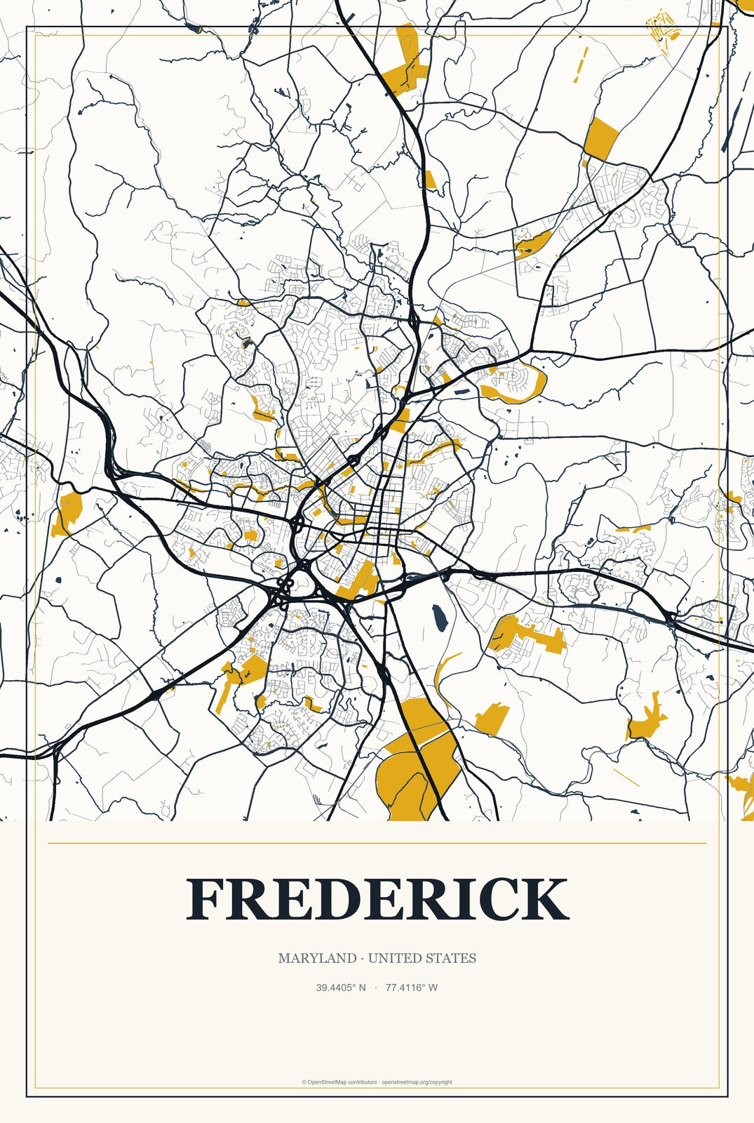Frederick, Maryland City Map Aluminum Sign in Citrine Modern style