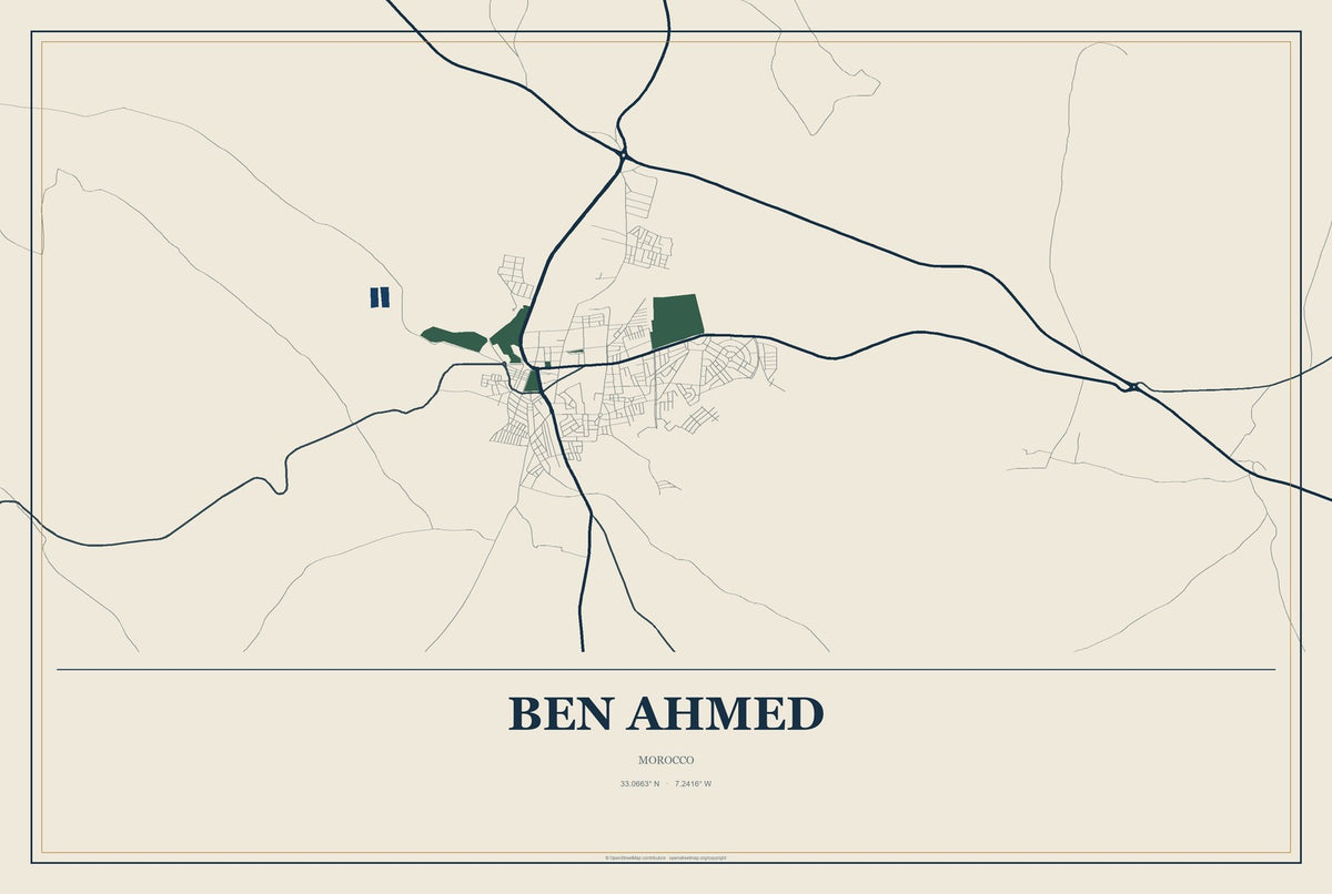 Ben Ahmed, Morocco City Map Aluminum Sign in Coastal Cutout style