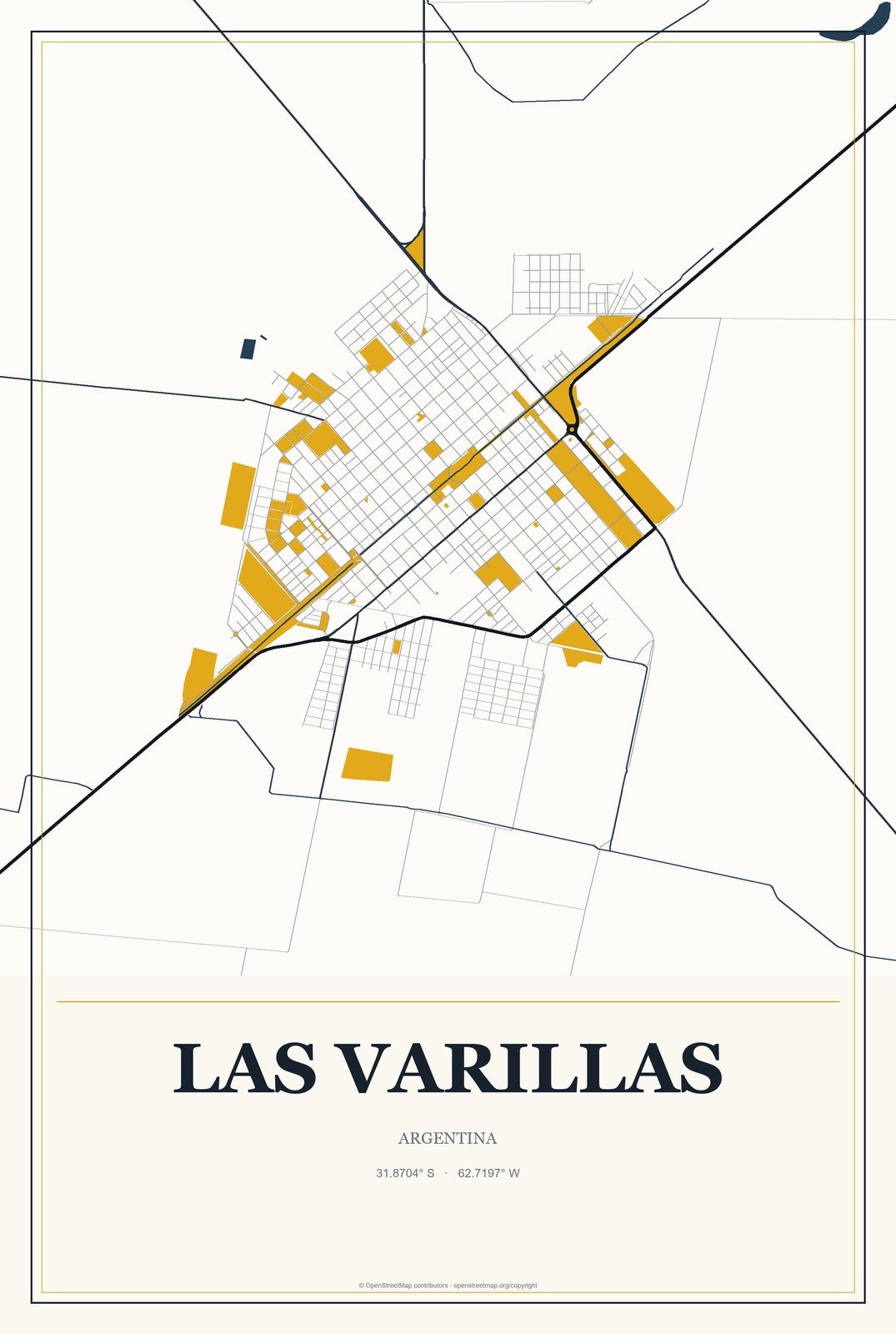 Las Varillas, Argentina City Map Aluminum Sign in Citrine Modern style