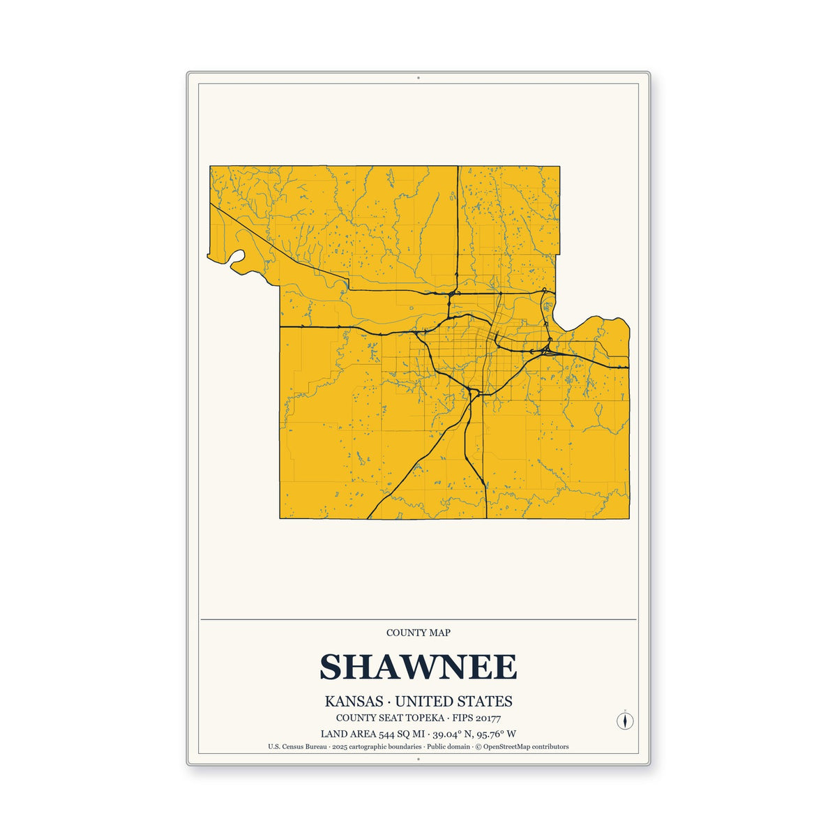 Shawnee County, Kansas Map Aluminum Sign in Citrine Modern style