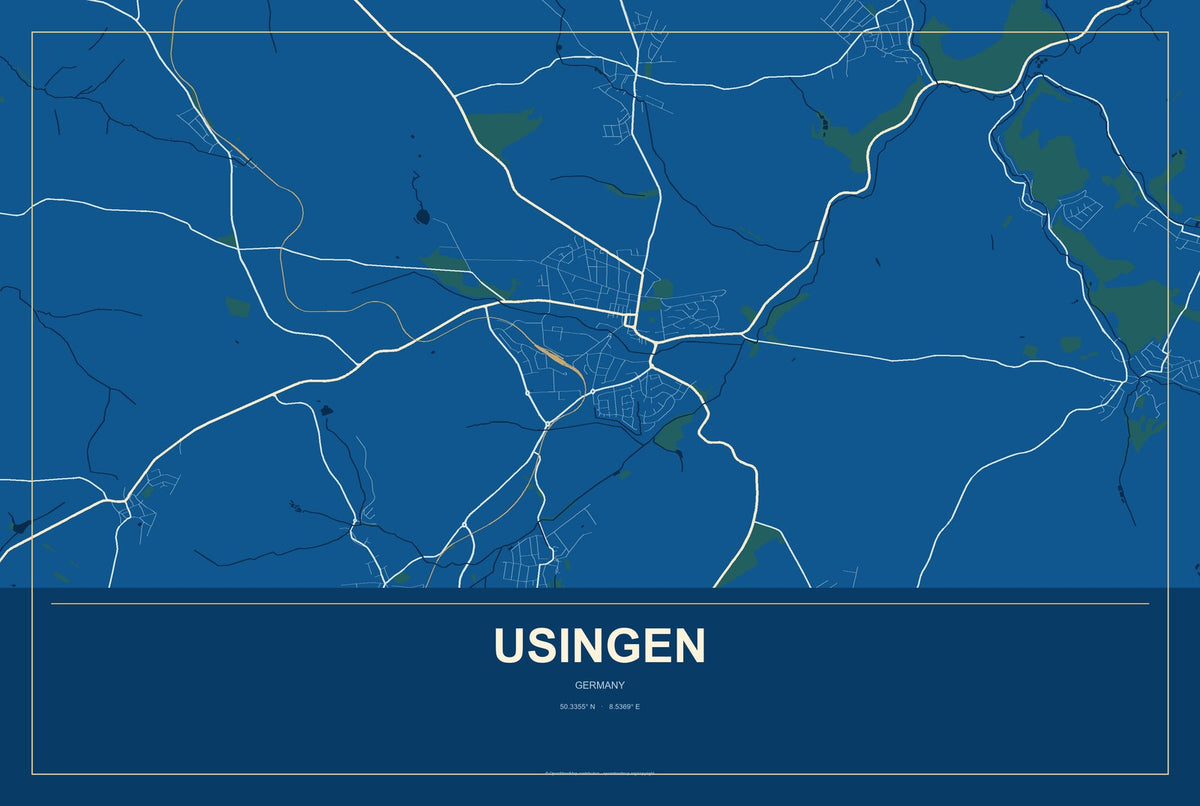 Usingen, Germany City Map Aluminum Sign in Harbor Cobalt style