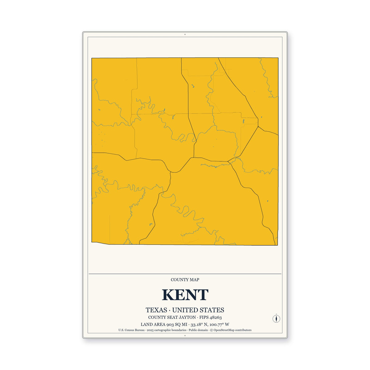 Kent County, Texas Map Aluminum Sign in Citrine Modern style