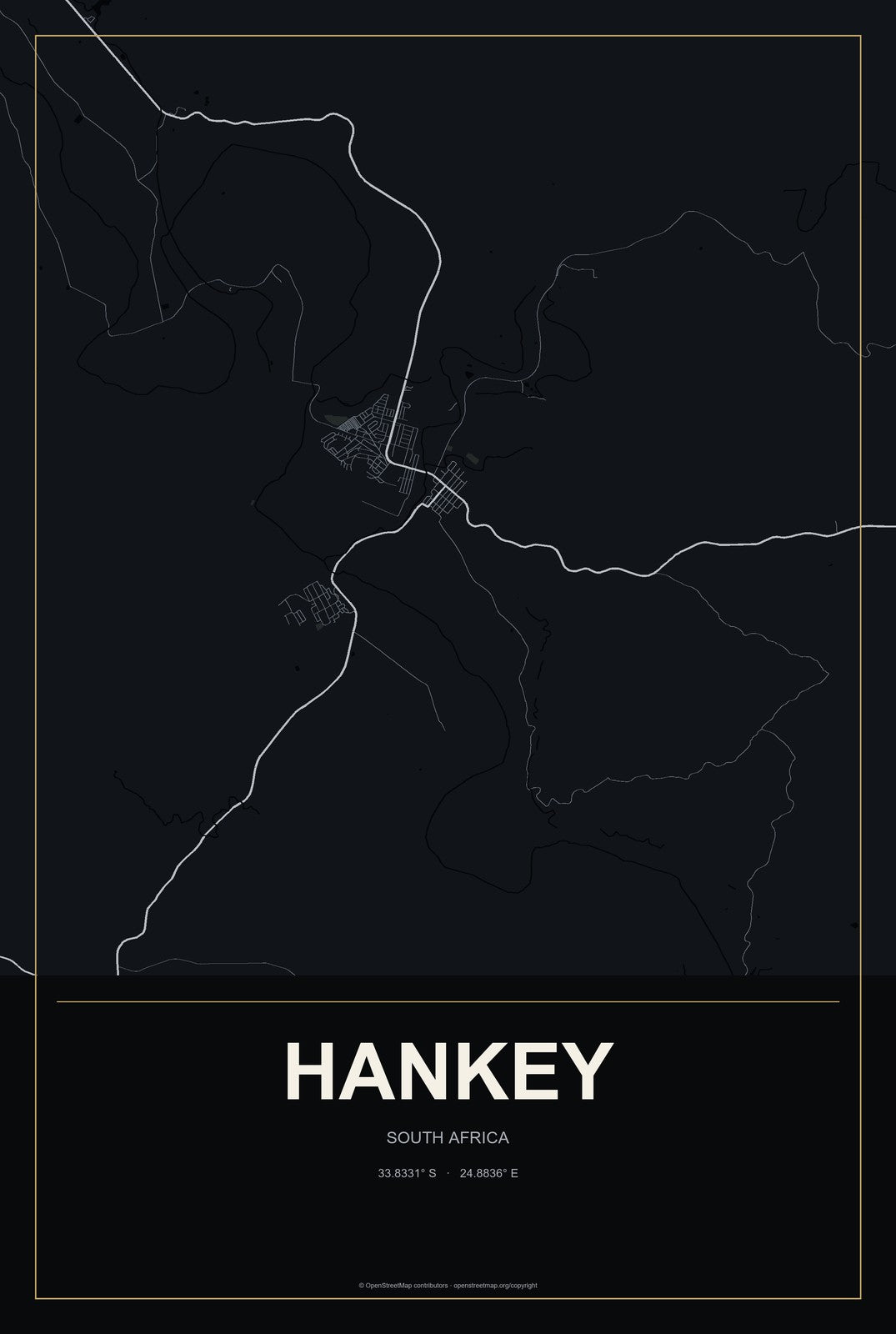 Hankey, South Africa City Map Aluminum Sign in Metropolitan Noir style