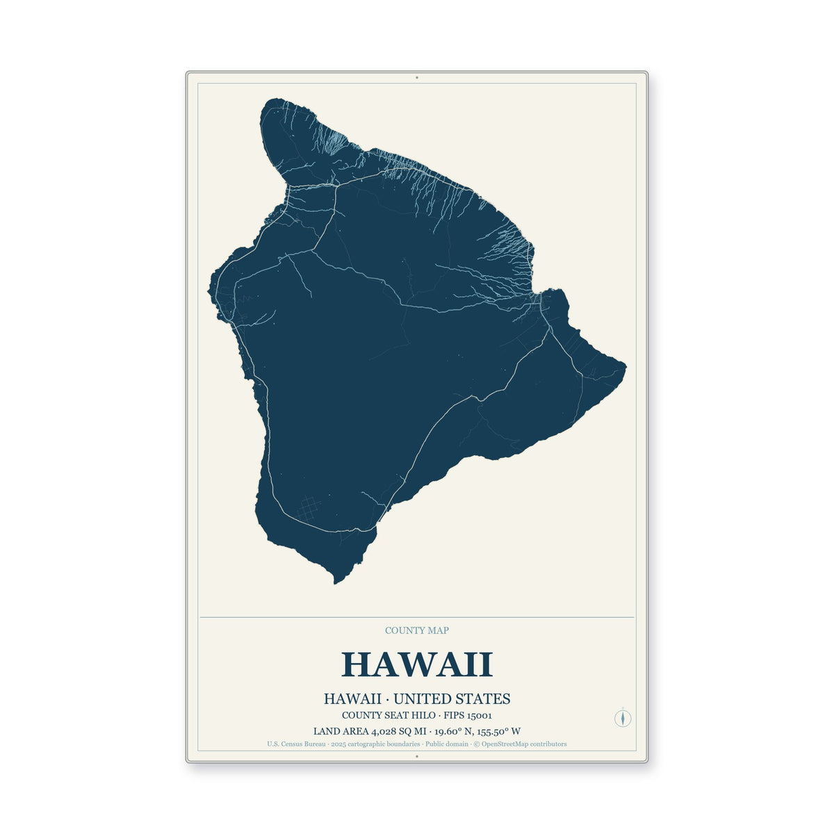 Hawaii County, Hawaii Map Aluminum Sign in Coastal Cutout style