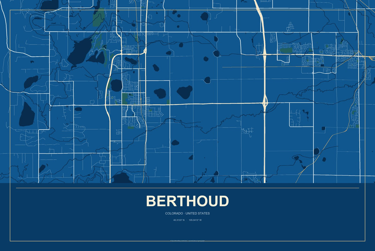 Berthoud, Colorado City Map Aluminum Sign in Harbor Cobalt style