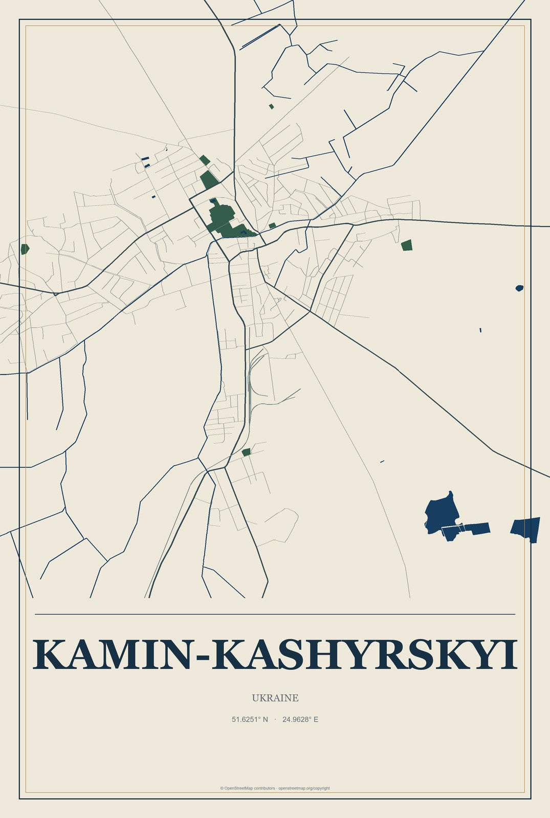 Kamin-Kashyrskyi, Ukraine City Map Aluminum Sign in Coastal Cutout style