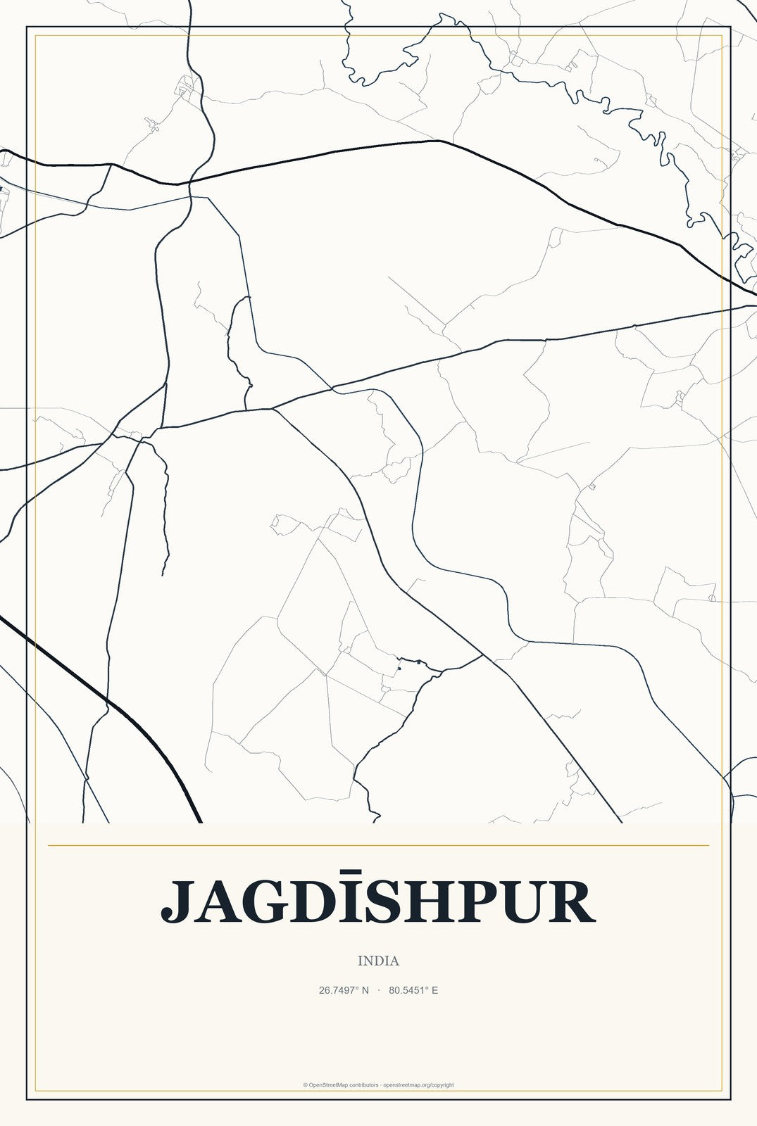 Jagdīshpur, India City Map Aluminum Sign in Citrine Modern style