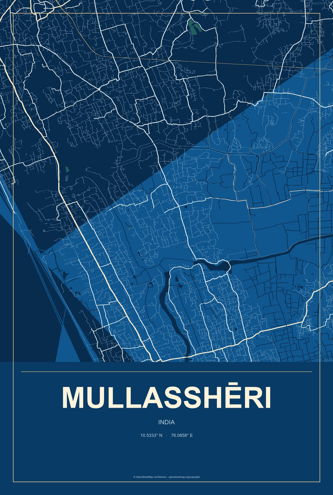Mullasshēri, India City Map Aluminum Sign in Harbor Cobalt style