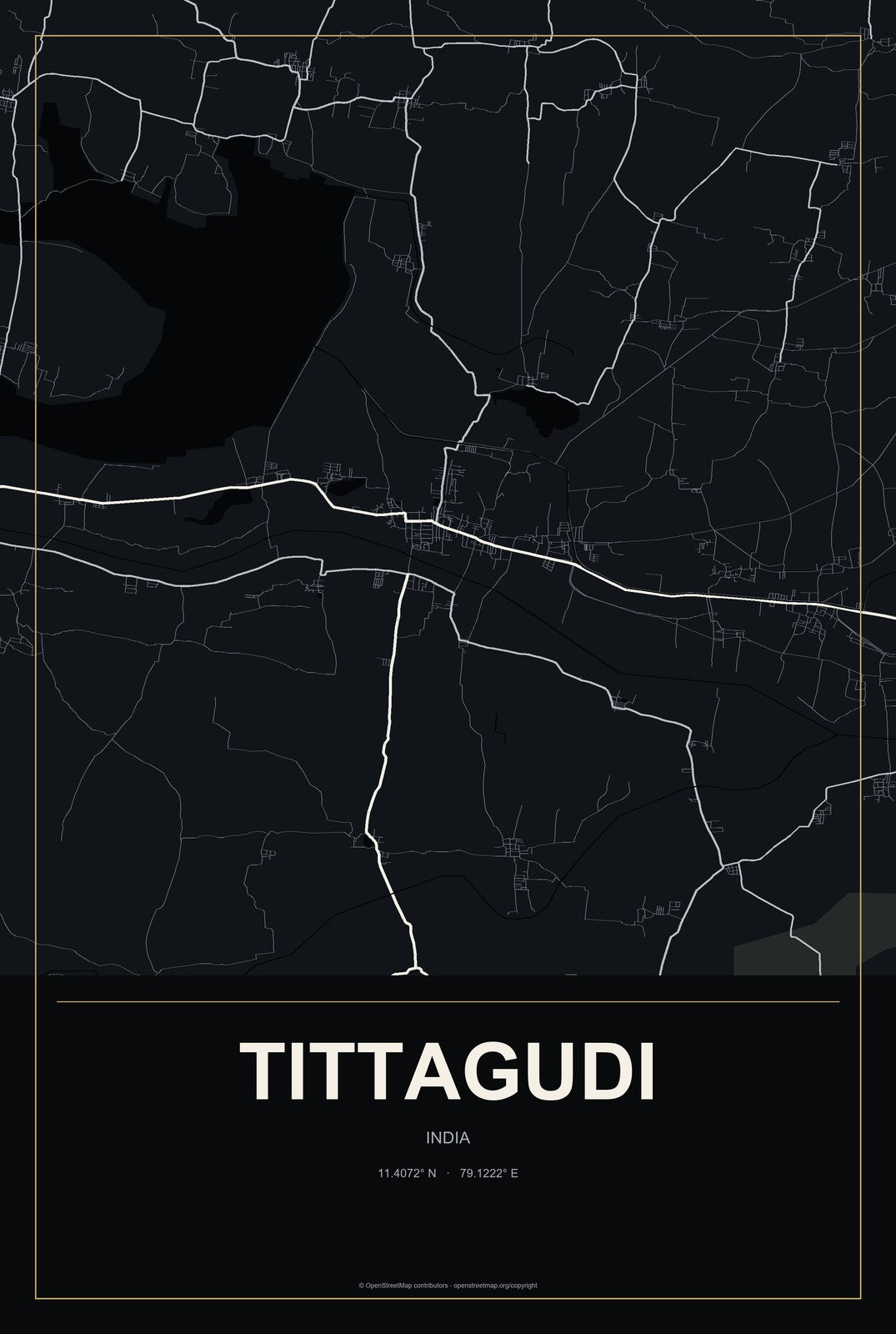 Tittagudi, India City Map Aluminum Sign in Metropolitan Noir style