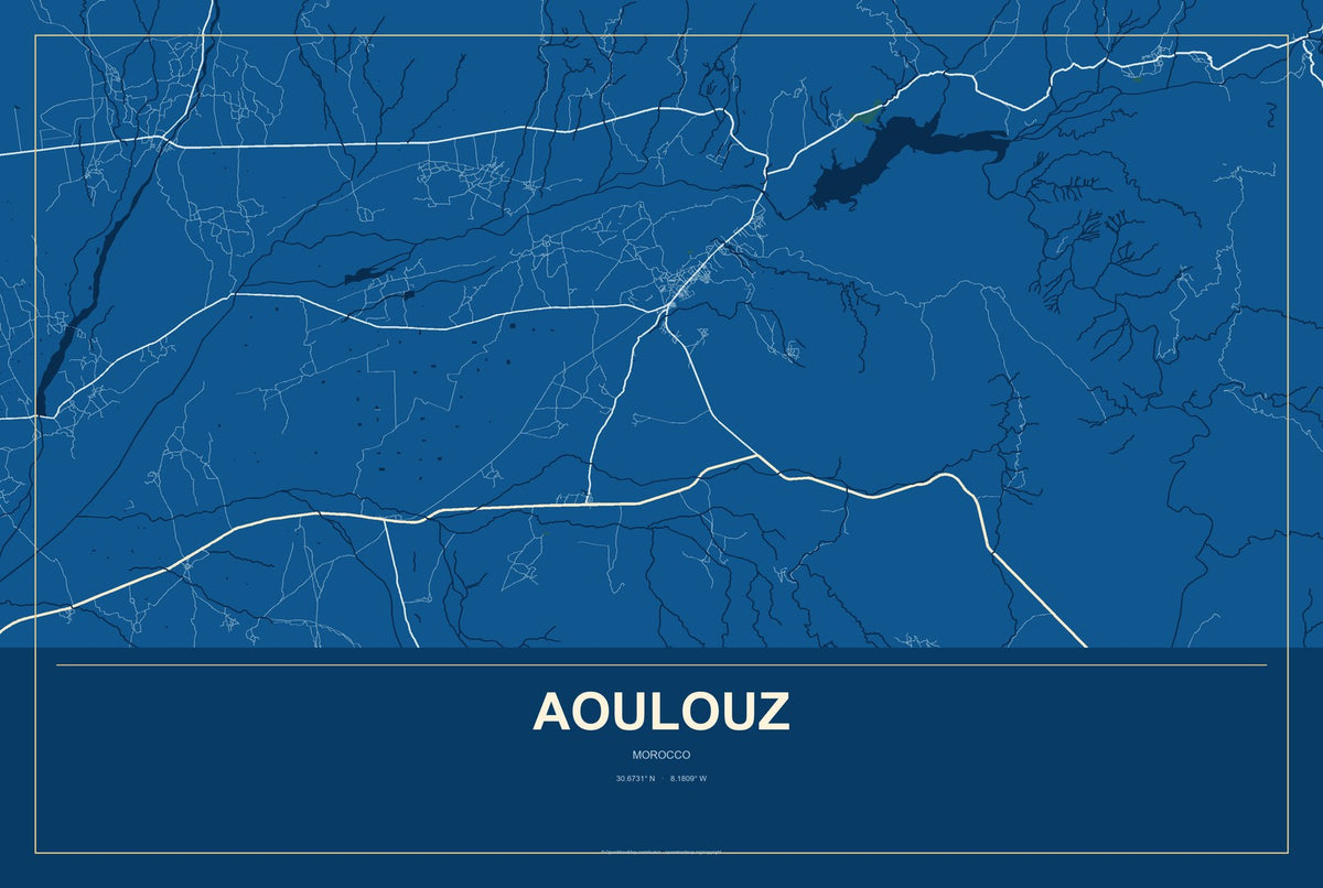 Aoulouz, Morocco City Map Aluminum Sign in Harbor Cobalt style