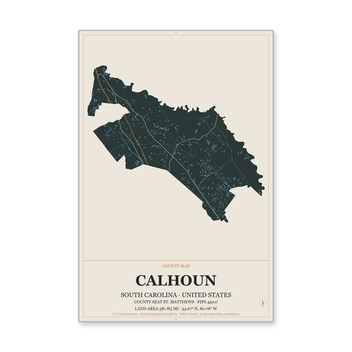 Calhoun County, South Carolina Map Aluminum Sign in Headline Atlas style