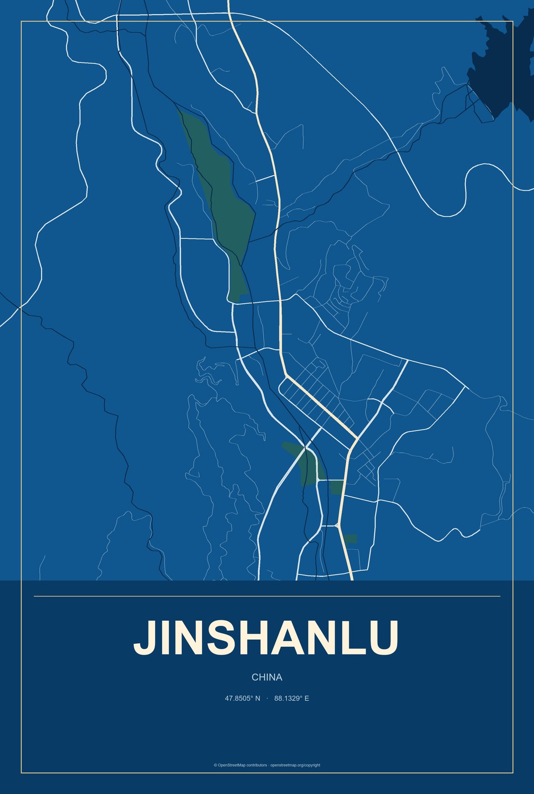 Jinshanlu, China City Map Aluminum Sign in Harbor Cobalt style