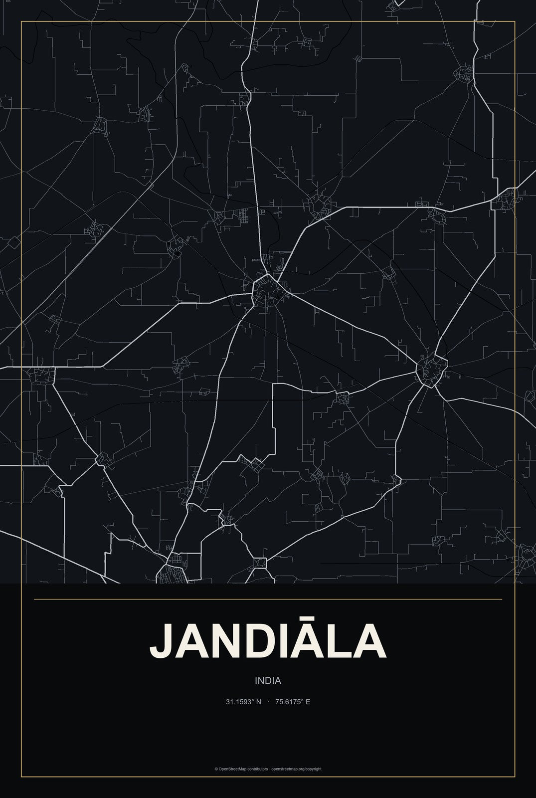 Jandiāla, India City Map Aluminum Sign in Metropolitan Noir style