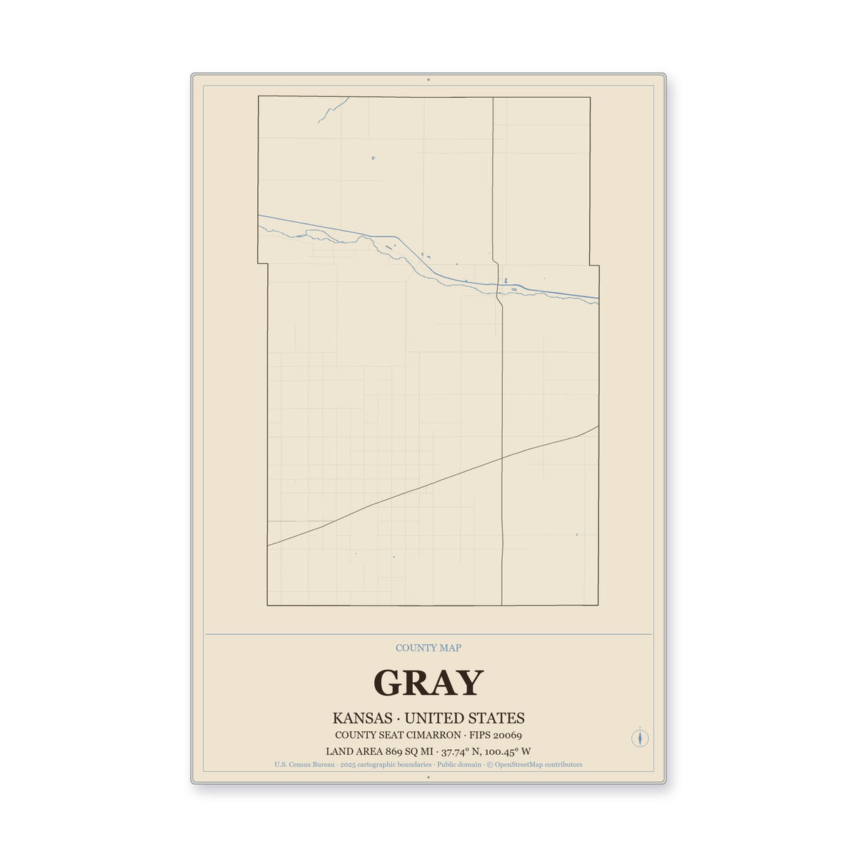 Gray County, Kansas Map Aluminum Sign in Heritage Nautical style