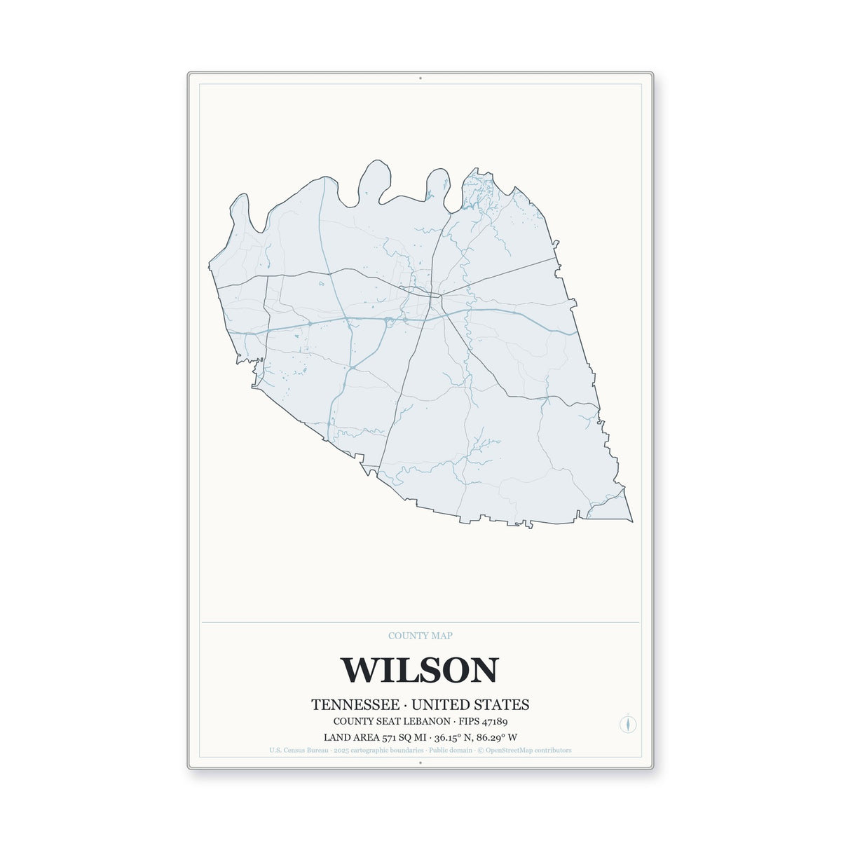 Wilson County, Tennessee Map Aluminum Sign in Gallery Air style