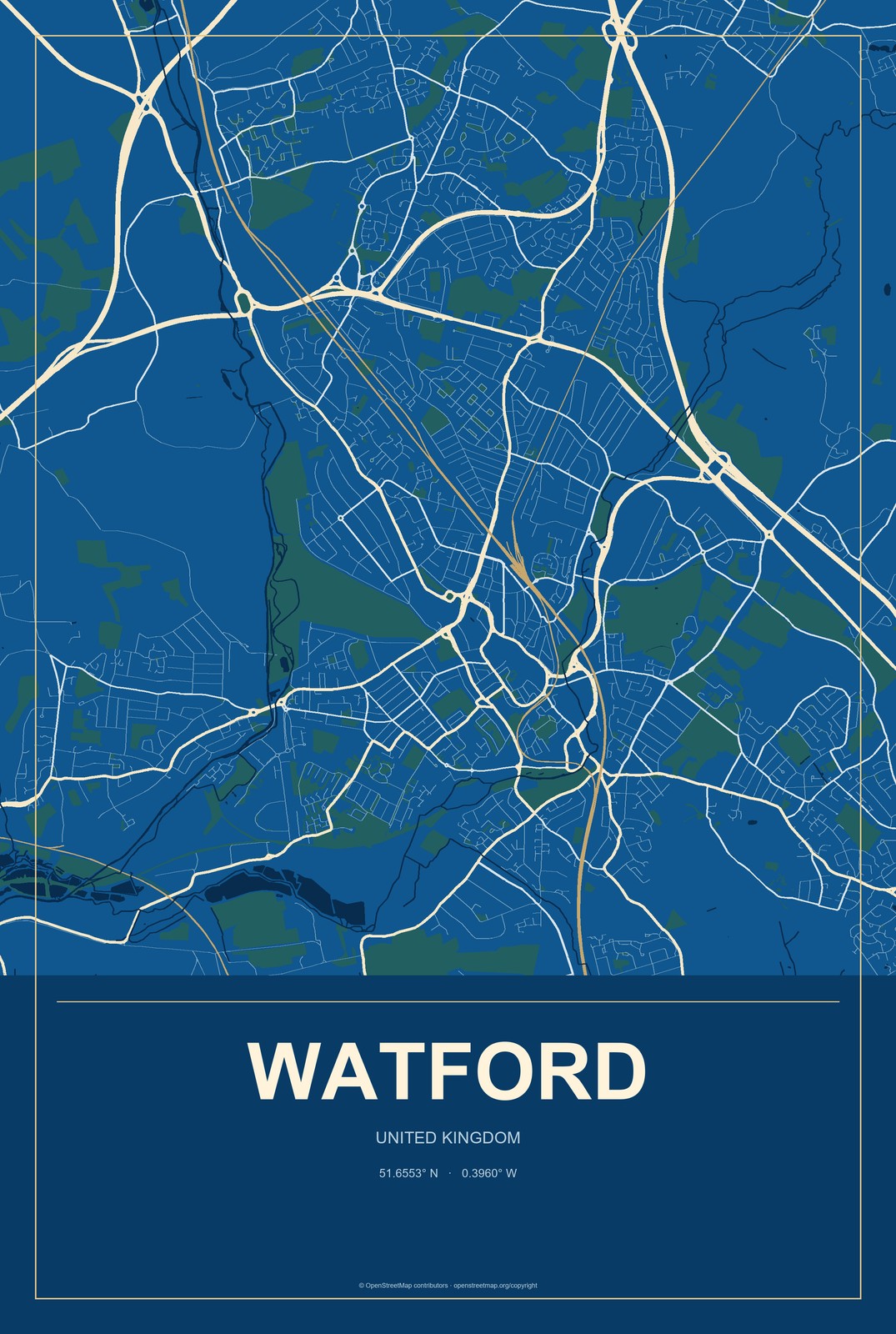 Watford, United Kingdom City Map Aluminum Sign in Harbor Cobalt style