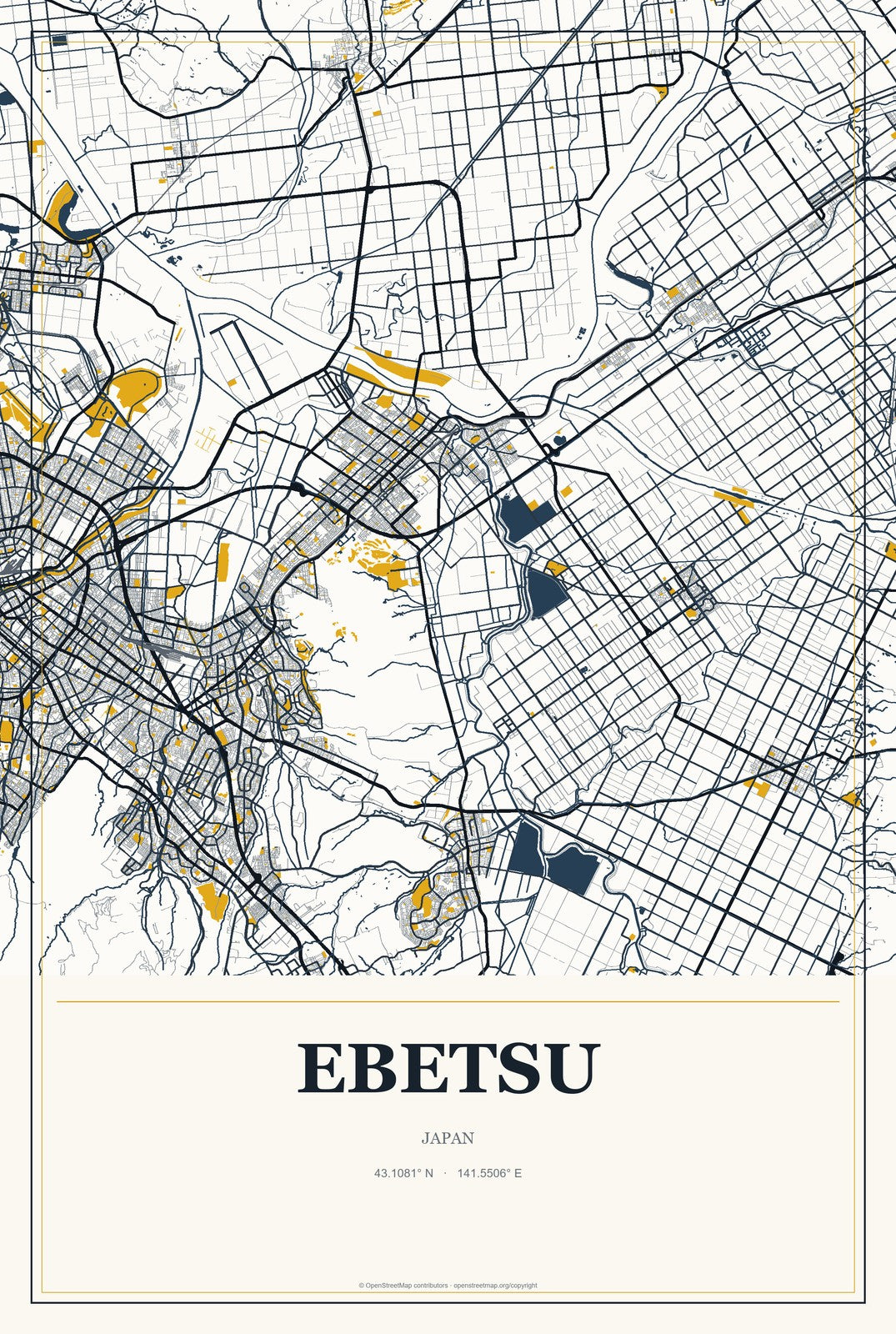 Ebetsu, Japan City Map Aluminum Sign in Citrine Modern style