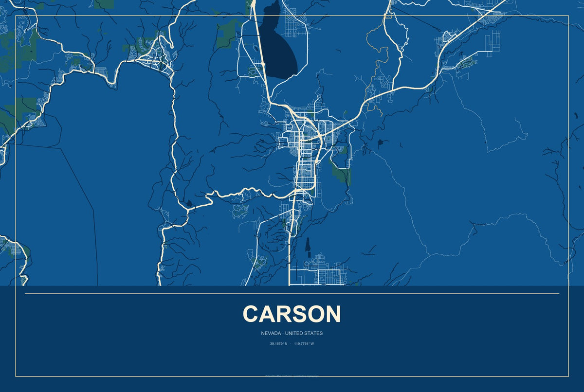 Carson, Nevada City Map Aluminum Sign in Harbor Cobalt style