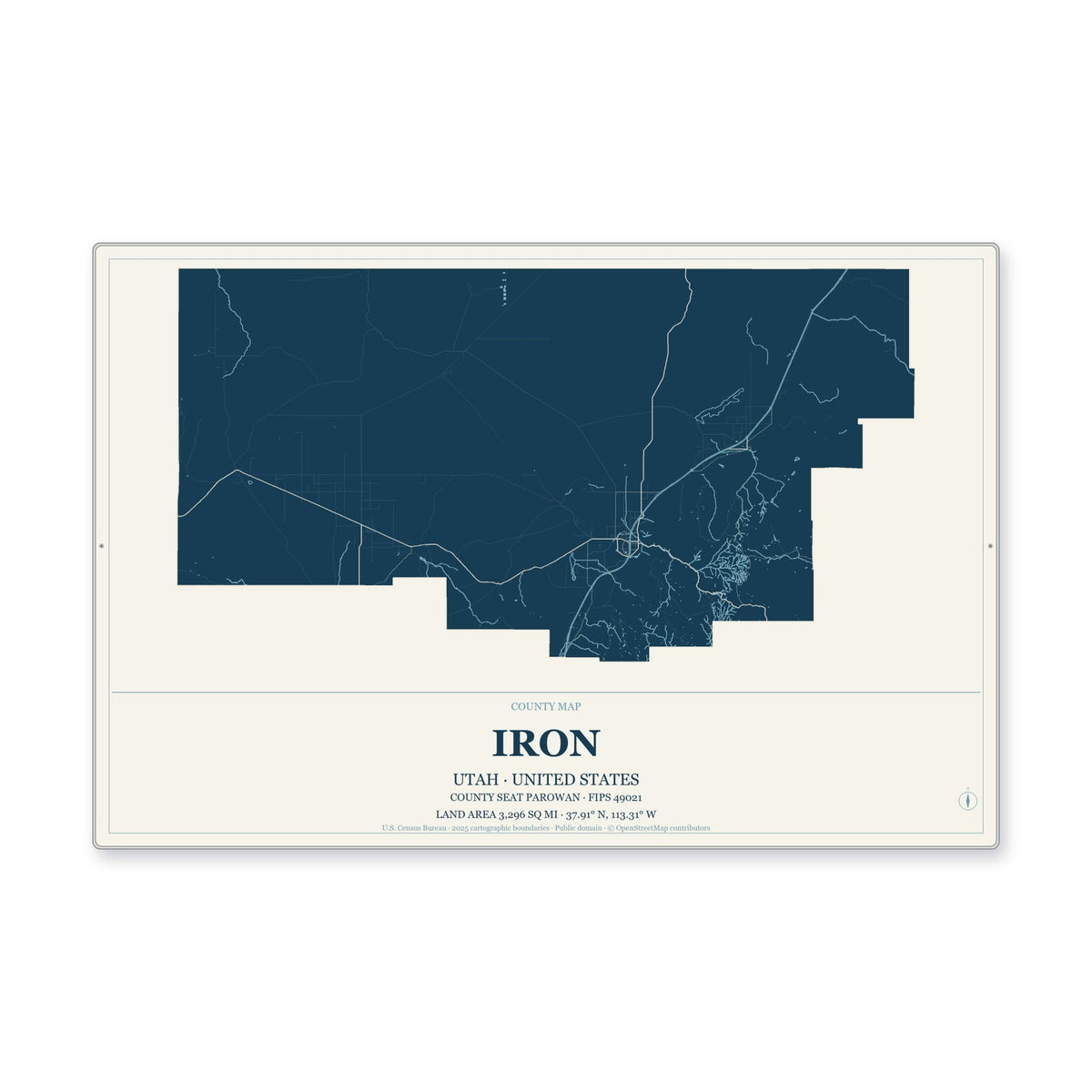 Iron County, Utah Map Aluminum Sign in Coastal Cutout style