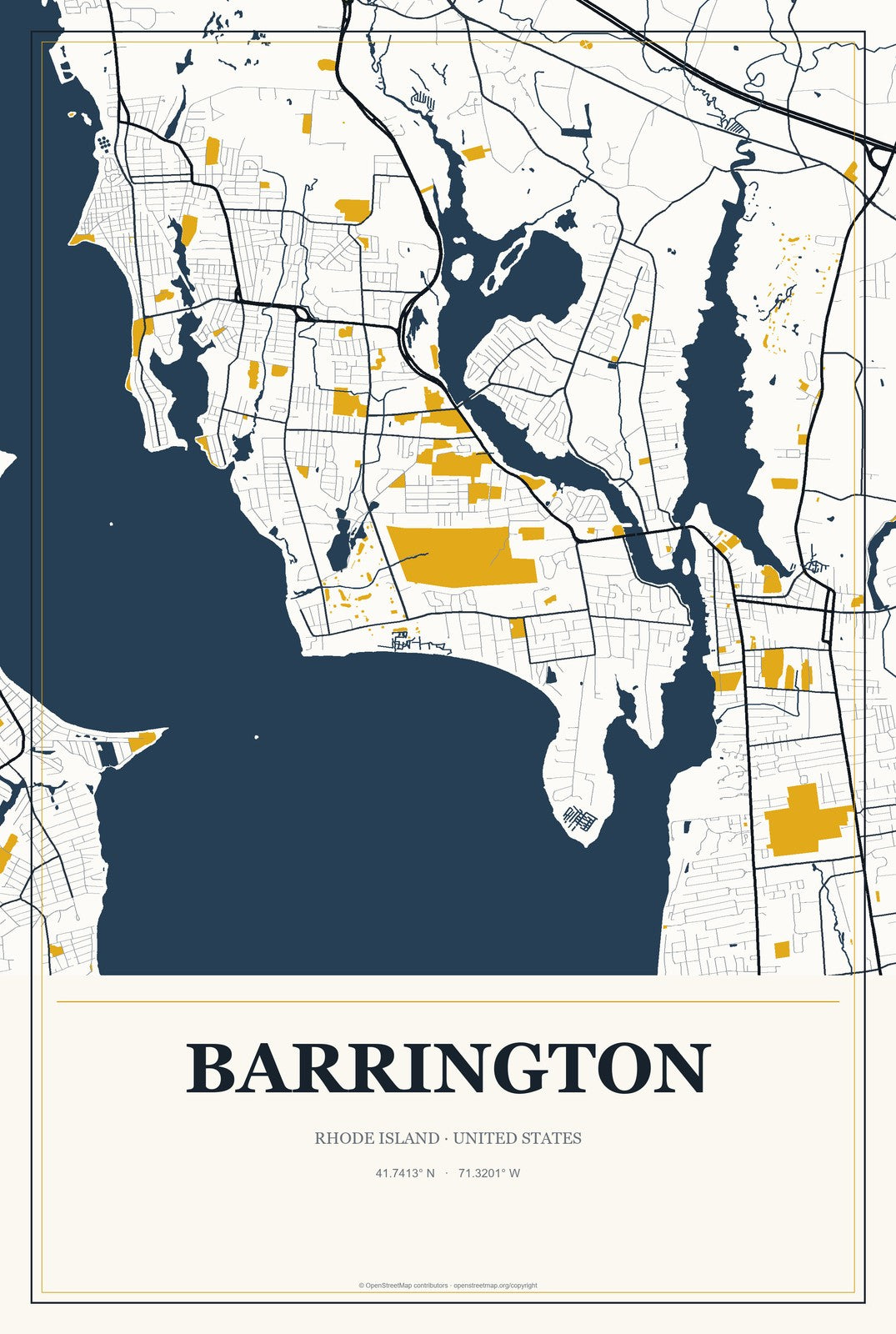 Barrington, Rhode Island City Map Aluminum Sign in Citrine Modern style