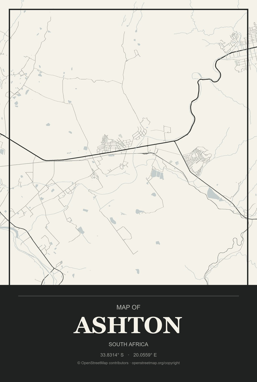 Ashton, South Africa City Map Aluminum Sign in Museum Plaque style