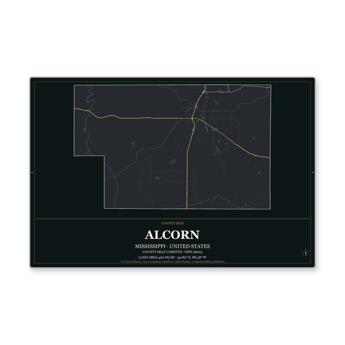 Alcorn County, Mississippi Map Aluminum Sign in Metropolitan Noir style