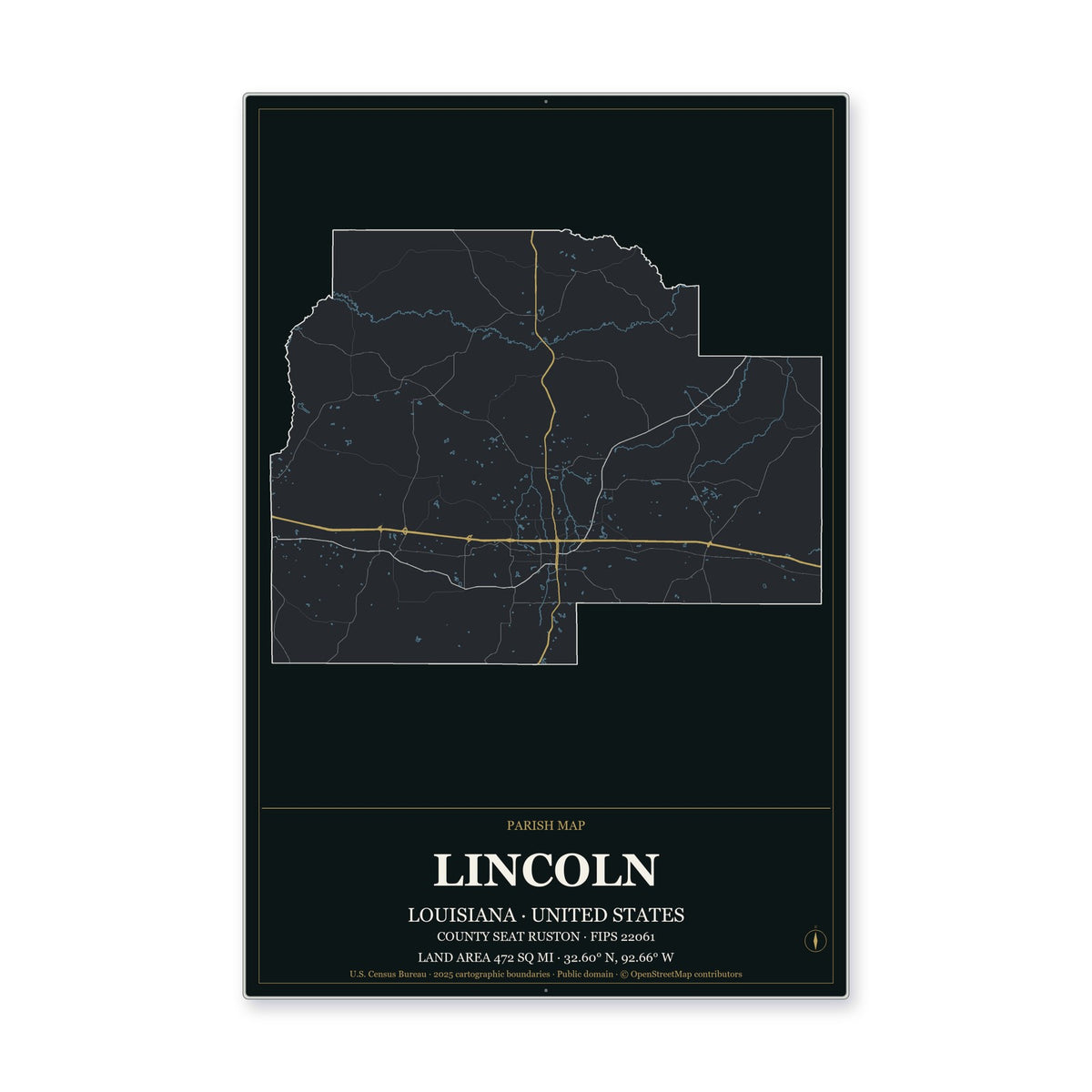 Lincoln Parish, Louisiana Map Aluminum Sign in Metropolitan Noir style